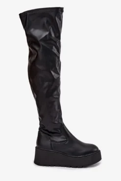 Kozaki Damskie Za Kolano Na Platformie I Delikatnym Koturnie Czarne Lydira