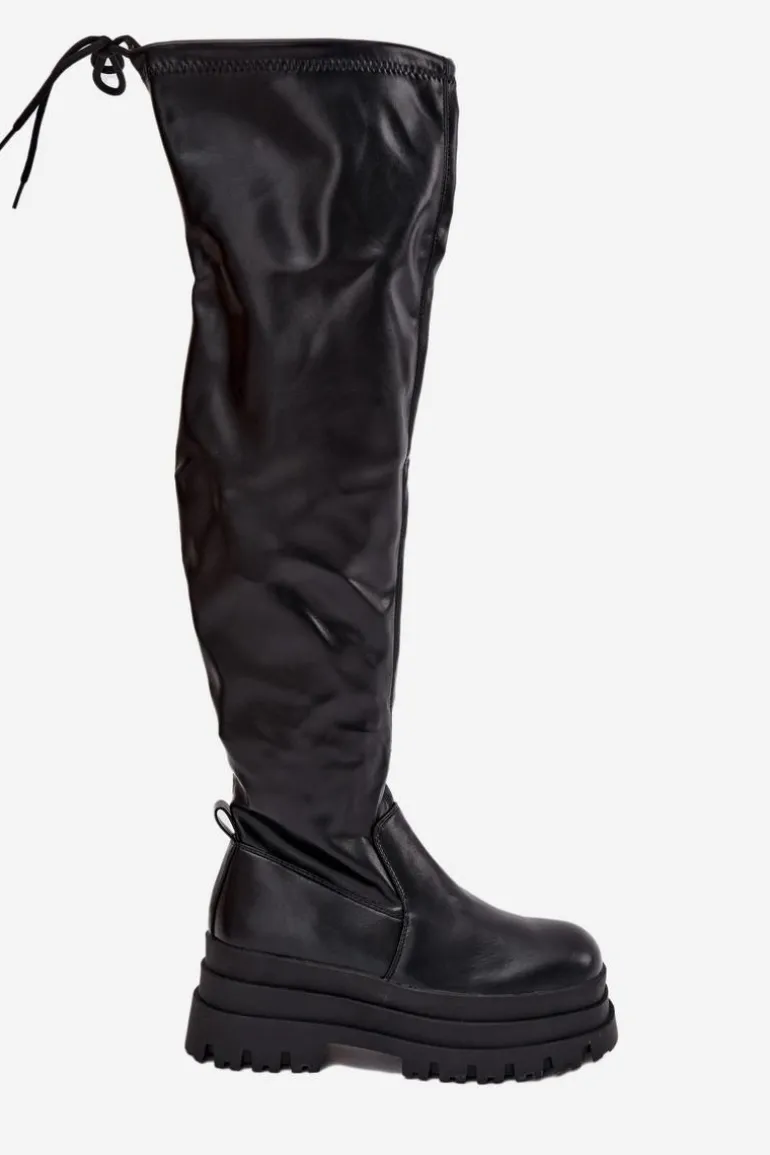 Kozaki Damskie Za Kolano Na Masywnej Platformie Czarne Erisna