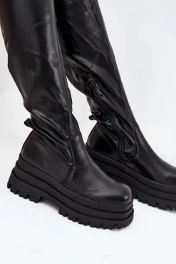 Kozaki Damskie Za Kolano Na Masywnej Platformie Czarne Erisna