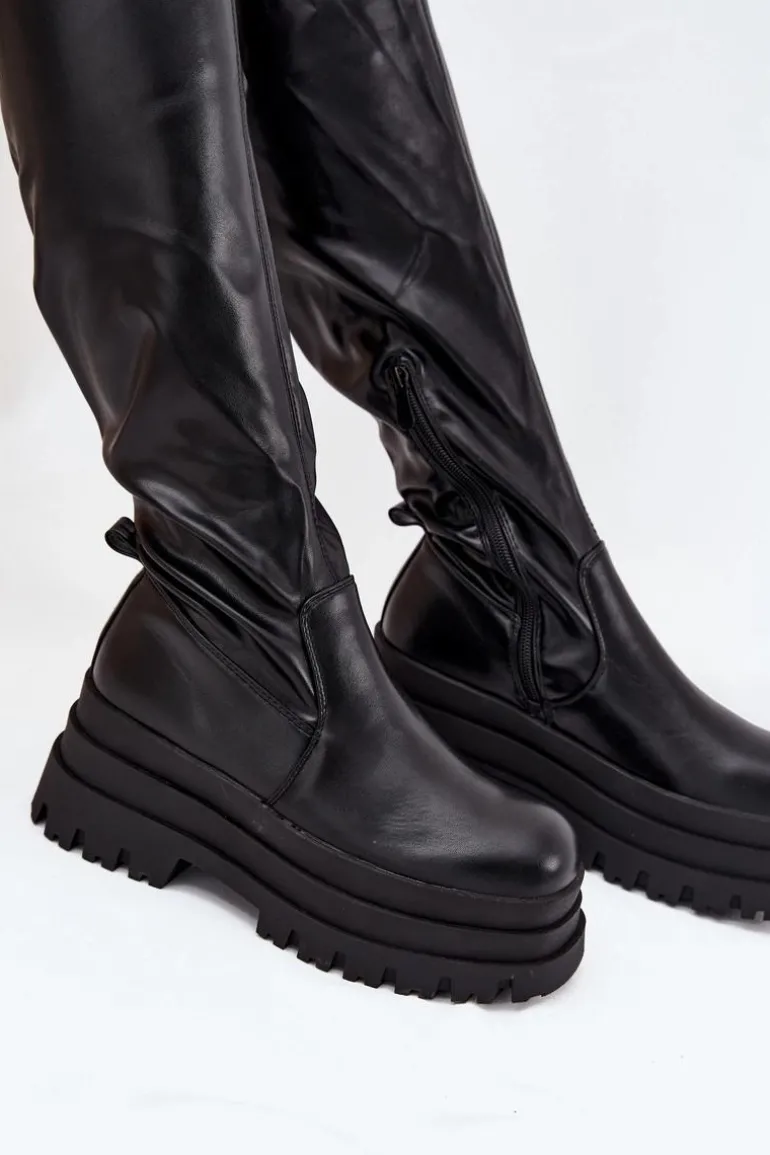 Kozaki Damskie Za Kolano Na Masywnej Platformie Czarne Erisna