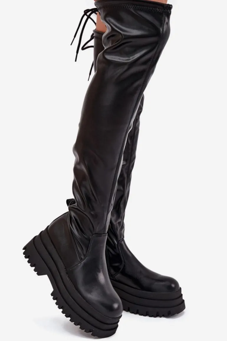 Kozaki Damskie Za Kolano Na Masywnej Platformie Czarne Erisna