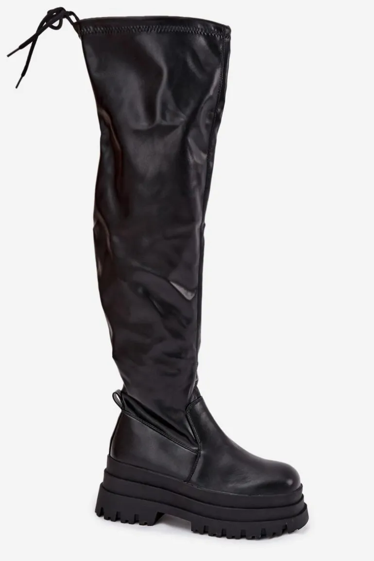 Kozaki Damskie Za Kolano Na Masywnej Platformie Czarne Erisna