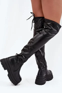 Kozaki Damskie Za Kolano Na Masywnej Platformie Czarne Erisna