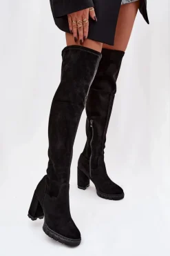 Kozaki Damskie Za Kolano Na Słupku Eko Zamszowe Czarne Tahlina