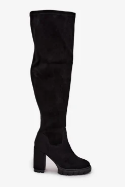 Kozaki Damskie Za Kolano Na Słupku Eko Zamszowe Czarne Tahlina