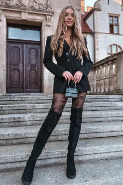 Kozaki Damskie Za Kolano Na Słupku Eko Zamszowe Czarne Tahlina