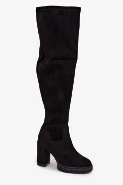 Kozaki Damskie Za Kolano Na Słupku Eko Zamszowe Czarne Tahlina