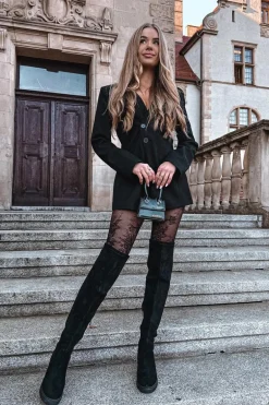 Kozaki Damskie Za Kolano Na Słupku Eko Zamszowe Czarne Tahlina