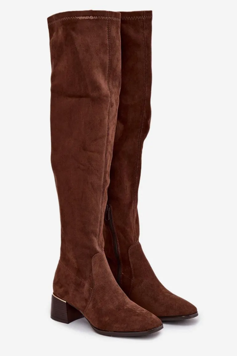 Kozaki Damskie Za Kolano Na Obcasie Ze Złotym Detalem Brązowe Carina