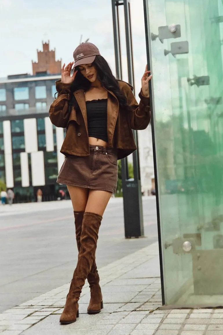 Kozaki Damskie Za Kolano Na Obcasie Ze Złotym Detalem Brązowe Carina