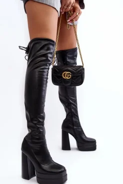 Kozaki Damskie Za Kolano Na Platformie I Wysokim Słupku Czarne Yoge