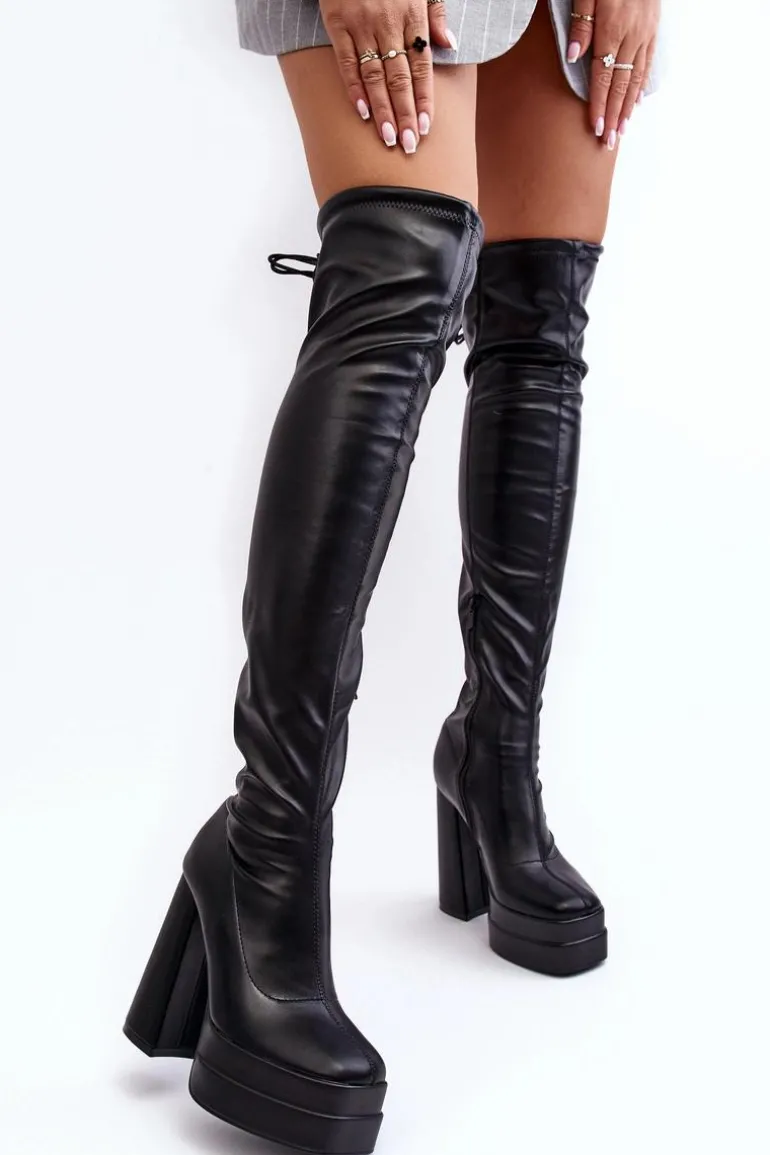 Kozaki Damskie Za Kolano Na Platformie I Wysokim Słupku Czarne Yoge