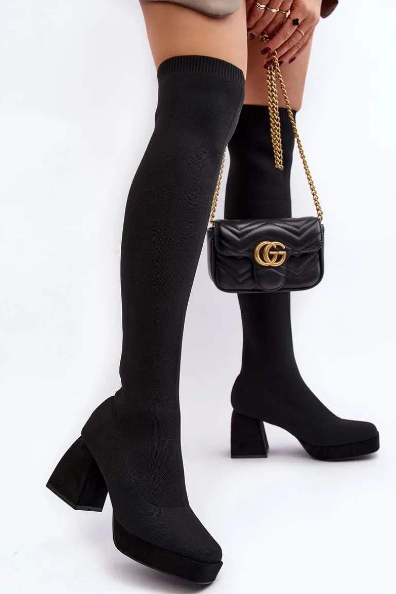 Kozaki Damskie Za Kolano Na Platformie I Obcasie Czarne Manaliis