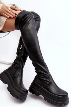 Kozaki Damskie Za Kolano Na Masywnej Podeszwie Czarne Chinasa