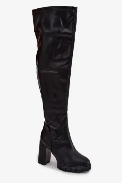 Kozaki Damskie Za Kolano Na Słupku Eko Skórzane Czarne Tahlina