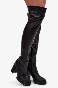 Kozaki Damskie Za Kolano Na Słupku Eko Skórzane Czarne Tahlina