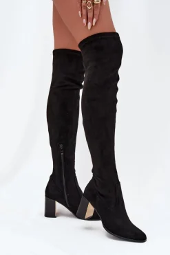 Kozaki Damskie Za Kolano Na Słupku Eko Zamszowe Czarne Jelina