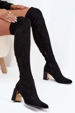 Kozaki Damskie Za Kolano Na Słupku Eko Zamszowe Czarne Jelina