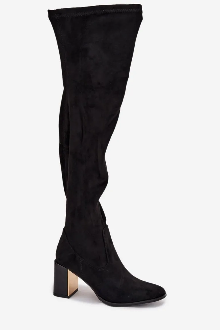 Kozaki Damskie Za Kolano Na Słupku Eko Zamszowe Czarne Jelina