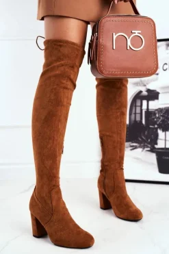 Kozaki Damskie Zamszowe Na Słupku Camel Highso