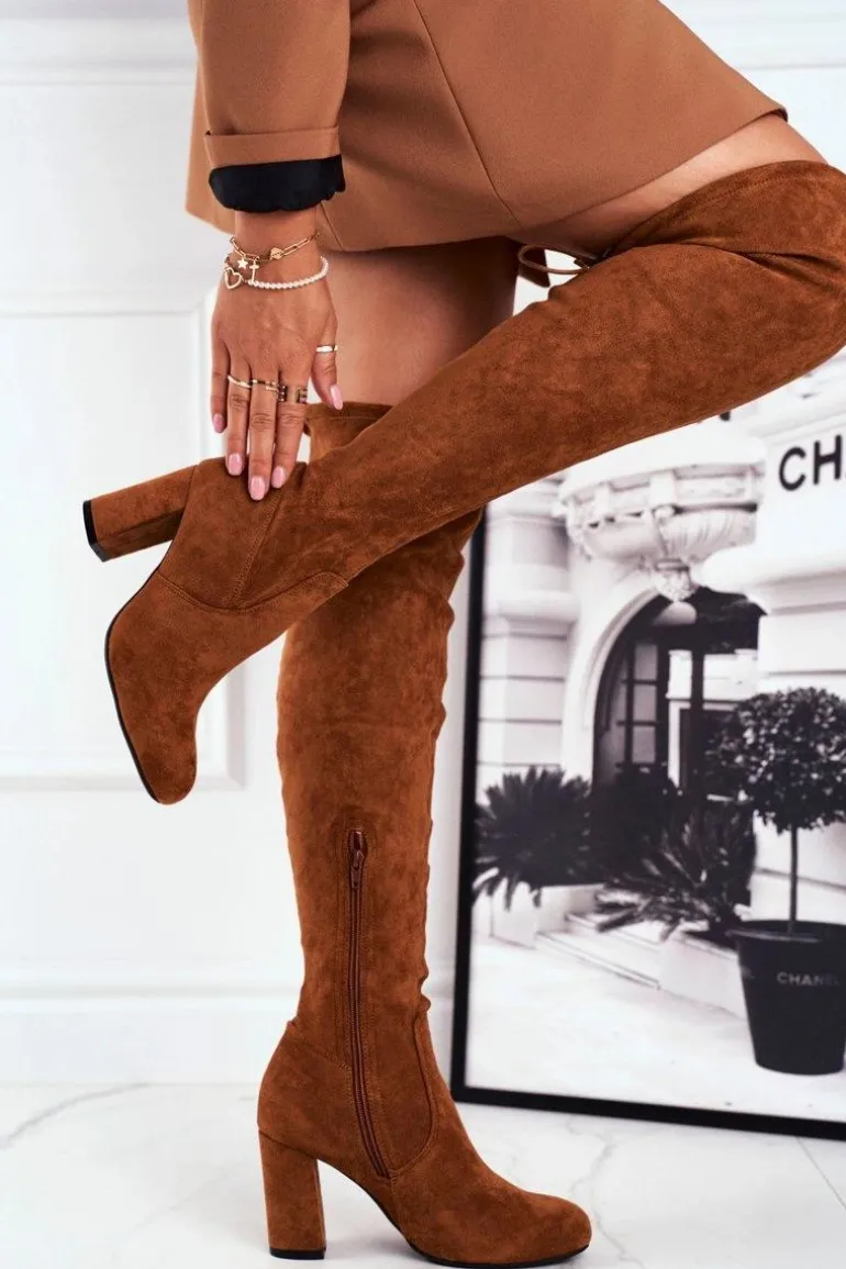 Kozaki Damskie Zamszowe Na Słupku Camel Highso