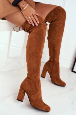 Kozaki Damskie Zamszowe Na Słupku Camel Highso