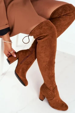 Kozaki Damskie Zamszowe Na Słupku Camel Highso