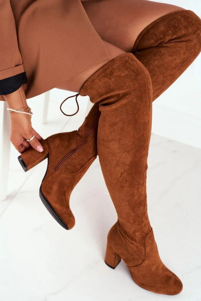 Kozaki Damskie Zamszowe Na Słupku Camel Highso