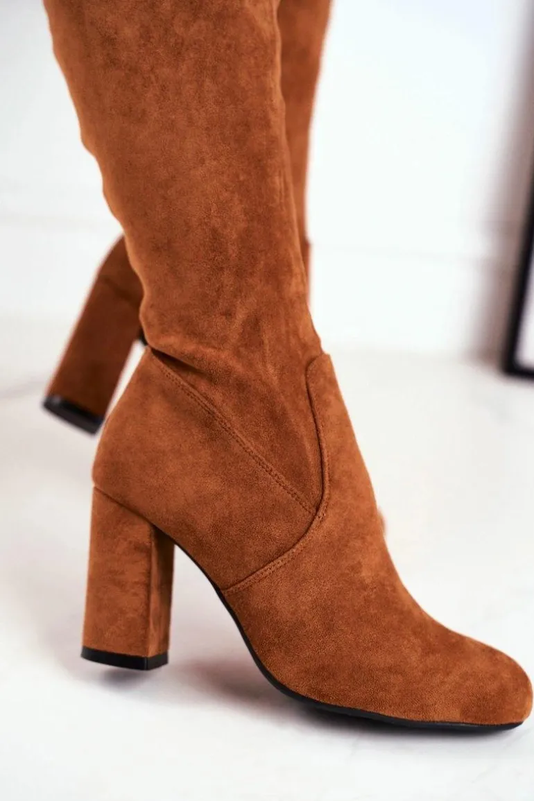 Kozaki Damskie Zamszowe Na Słupku Camel Highso