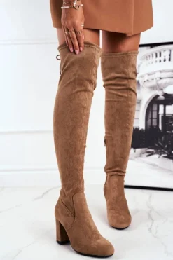 Kozaki Damskie Zamszowe Na Słupku Beżowe Highso