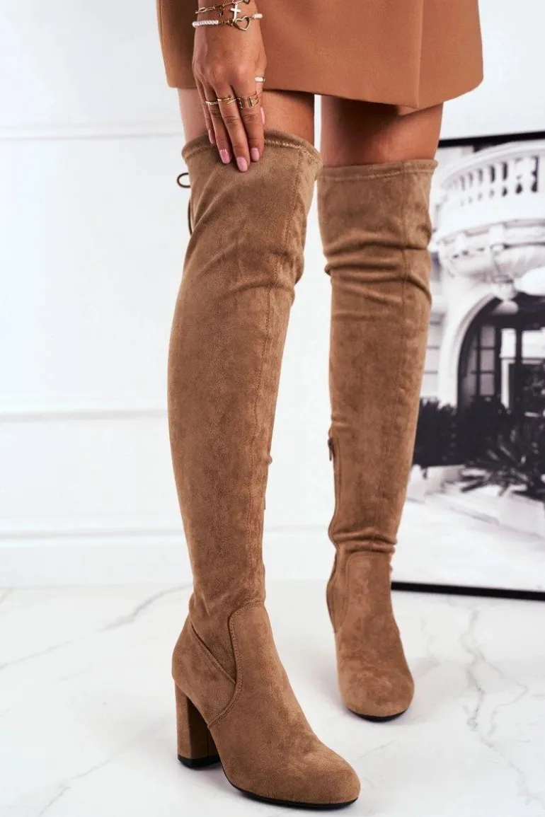 Kozaki Damskie Zamszowe Na Słupku Beżowe Highso