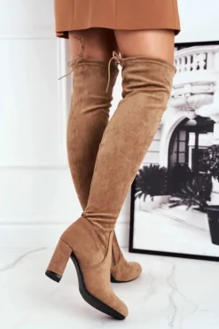 Kozaki Damskie Zamszowe Na Słupku Beżowe Highso