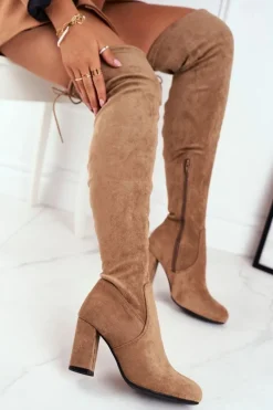 Kozaki Damskie Zamszowe Na Słupku Beżowe Highso