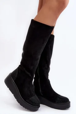 Kozaki Damskie Zamszowe Na Platformie S.Barski HY53-8 Czarne