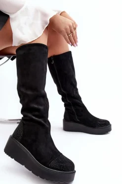 Kozaki Damskie Zamszowe Na Platformie S.Barski HY53-8 Czarne