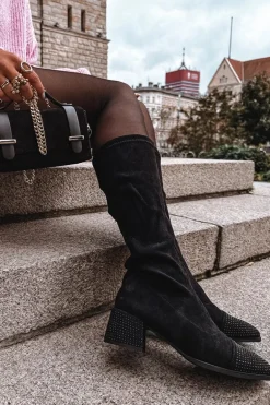 Kozaki Damskie Ze Zdobieniem Na Klocku Eko Zamszowe Czarne Ivanna