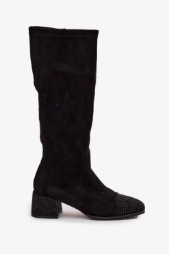 Kozaki Damskie Ze Zdobieniem Na Klocku Eko Zamszowe Czarne Ivanna