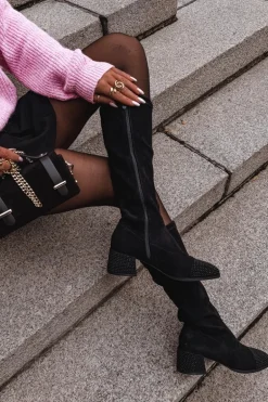 Kozaki Damskie Ze Zdobieniem Na Klocku Eko Zamszowe Czarne Ivanna