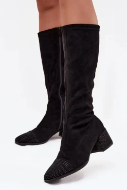 Kozaki Damskie Ze Zdobieniem Na Klocku Eko Zamszowe Czarne Ivanna