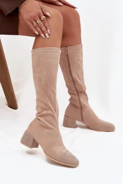 Kozaki Damskie Ze Zdobieniem Na Klocku Eko Zamszowe Beżowe Ivanna