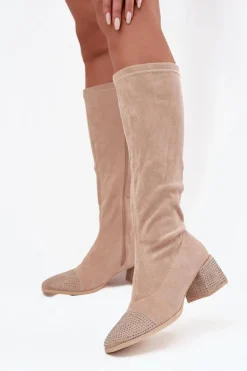 Kozaki Damskie Ze Zdobieniem Na Klocku Eko Zamszowe Beżowe Ivanna