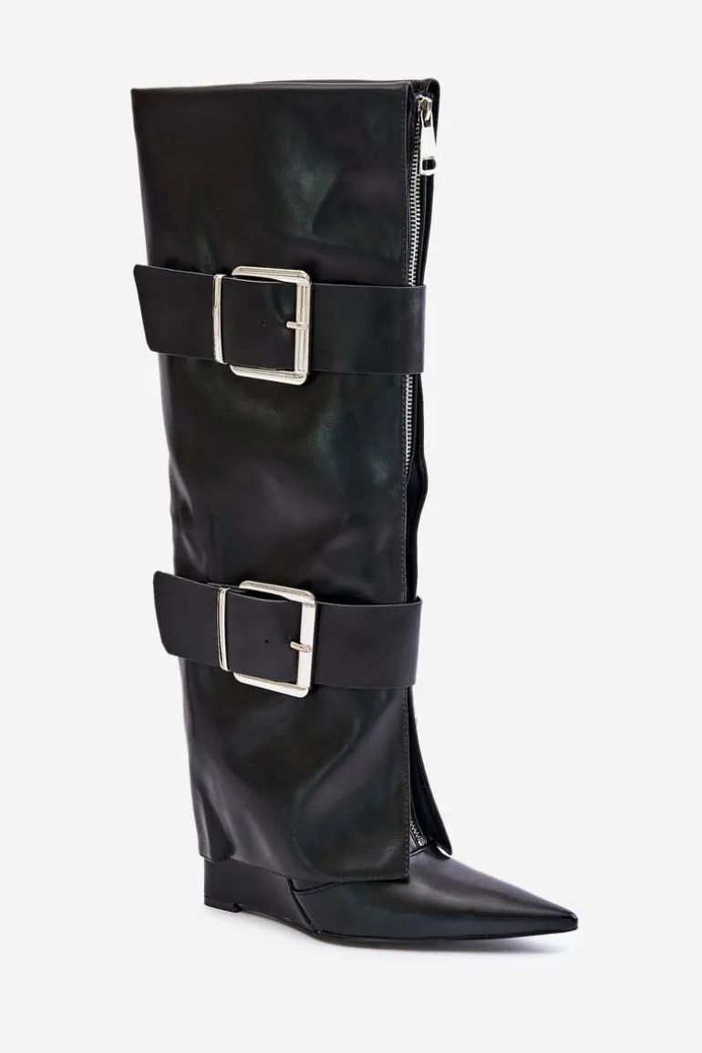 Kozaki Do Kolana Na Koturnie Z Wywiniętą Cholewką I Klamrami Tamirla