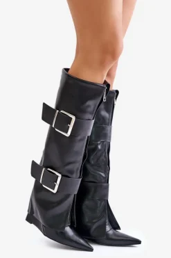 Kozaki Do Kolana Na Koturnie Z Wywiniętą Cholewką I Klamrami Tamirla