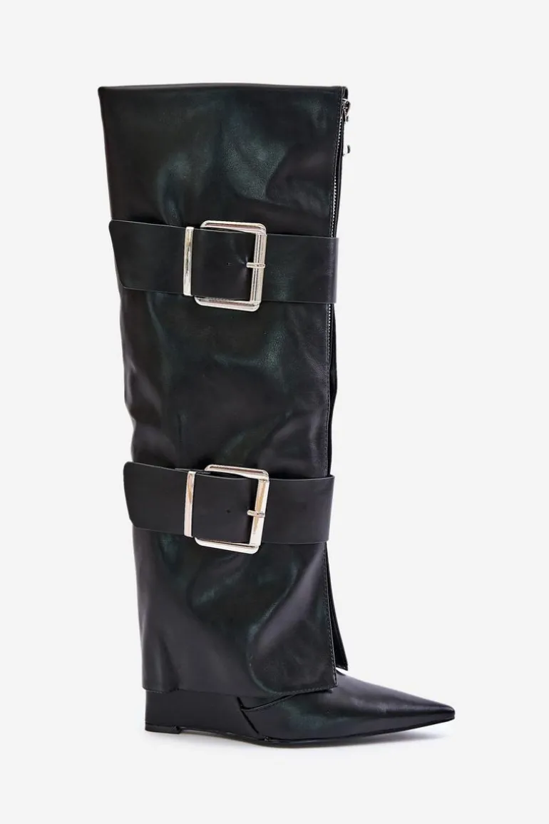 Kozaki Do Kolana Na Koturnie Z Wywiniętą Cholewką I Klamrami Tamirla