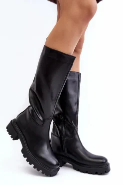 Kozaki Do Połowy Łydki Na Płaskim Obcasie Wsuwane Czarne Eamantha