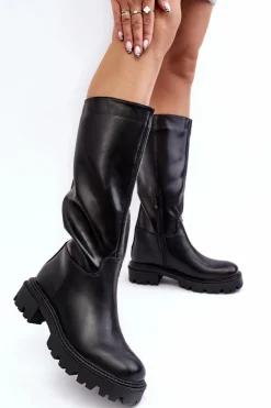 Kozaki Do Połowy Łydki Na Płaskim Obcasie Wsuwane Czarne Eamantha