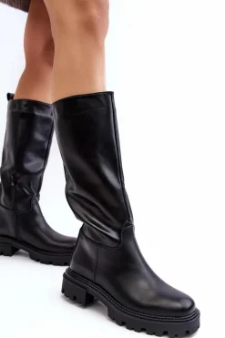 Kozaki Do Połowy Łydki Na Płaskim Obcasie Wsuwane Czarne Eamantha