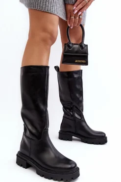 Kozaki Do Połowy Łydki Na Płaskim Obcasie Wsuwane Czarne Eamantha