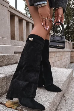 Kozaki Eko Zamszowe Obcas Słupek Na Zamek Ocieplane Wywinięta Cholewka Beżowe Evyra