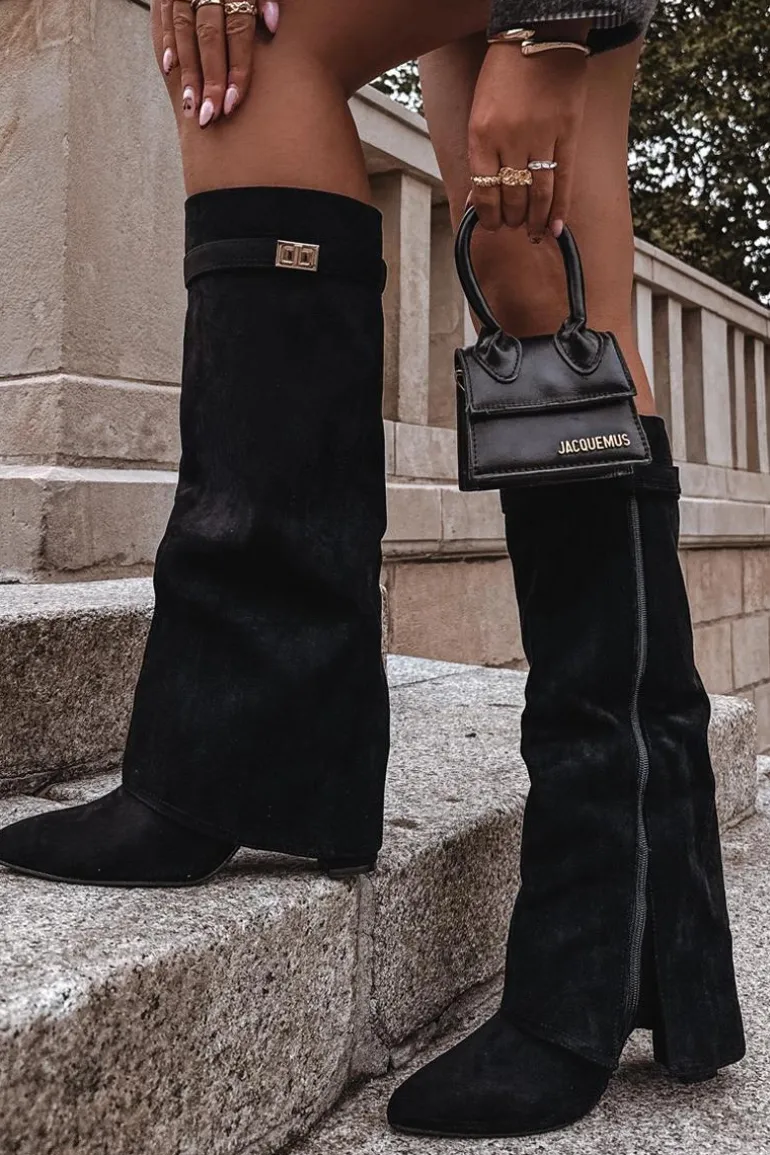 Kozaki Eko Zamszowe Obcas Słupek Na Zamek Ocieplane Wywinięta Cholewka Beżowe Evyra